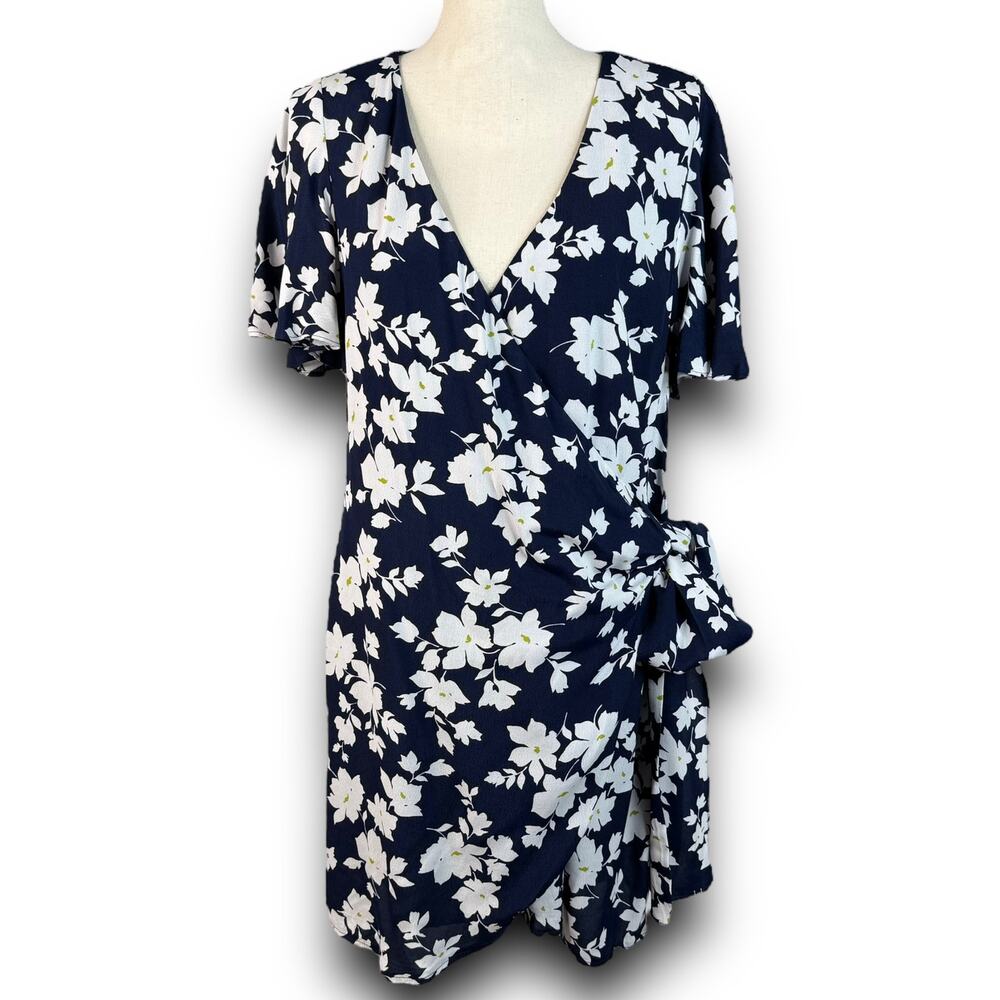 Blue Floral Wrap Mini Dress Vneck Short Sleeve Spring Summer Size Medium - Picture 2 of 10